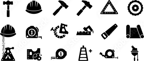 Black and white construction tools icon set illustration.