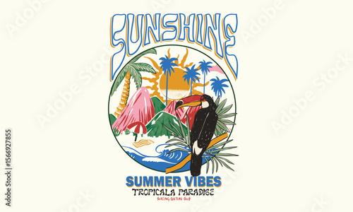 Enjoy summer day. Toucan paradise artwork. Summer vibes artwork. Enjoy beach life. Summer vibes artwork. Tropical bird, mountain with palm tree graphic print design.