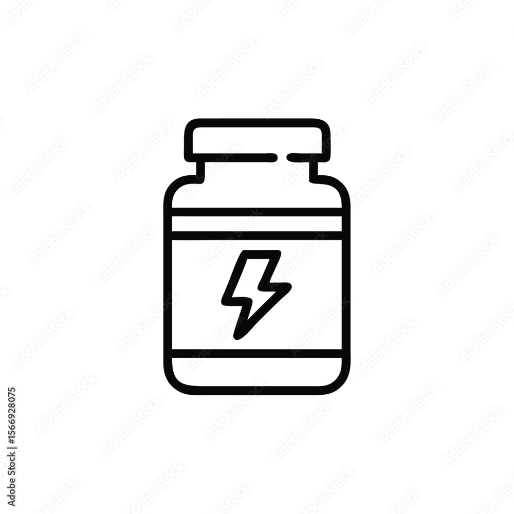 Outline a supplement bottle with a lightning bolt symbol on a container energy Outline a supplement bottle with a lightning bolt symbol on a container energy