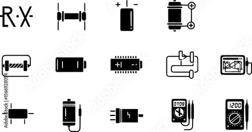 Electrical Components Icon Set: Resistors, Batteries, Meters, and More