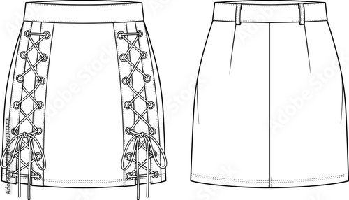 Women's Lace-Up Mini Skirt Flat Fashion Technical Drawing, Front and Back Views, Apparel Design Template for Trendy Clothing Production, Casual Wear.