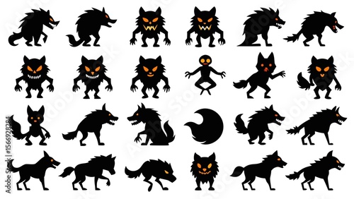 Photo of silhouetted werewolf monsters isolated on white background