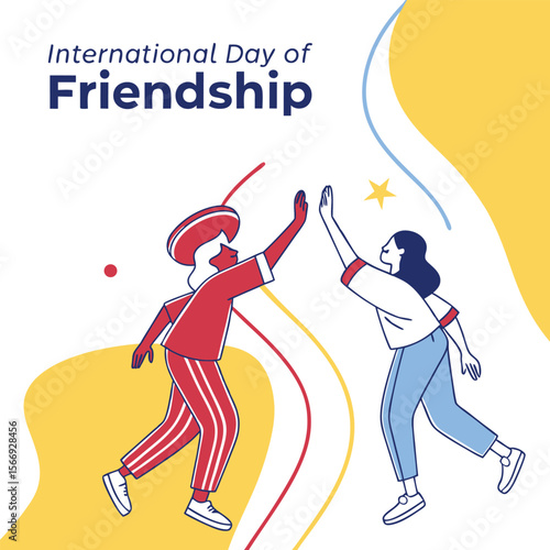 Abstract Illustration Two Women High Five Energetic Red Blue Yellow Lines highfive