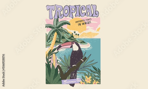 Toucan paradise artwork. Summer vibes artwork.  Enjoy beach life. Summer vibes artwork. Tropical bird with palm tree graphic print design. 