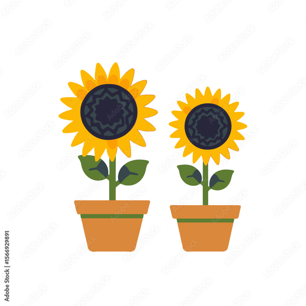 Obraz premium Two Sunflower Plants in Pots Illustration-Bright Yellow Petals and Green Leaves-Gardening and Floral Design-Simple Flower Art-Summer Blooms Decor