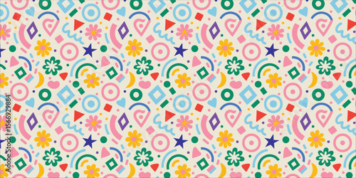 Colorful Geometric Seamless Pattern with Playful Shapes and Floral Elements