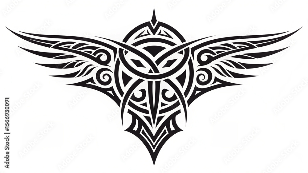 Naklejka premium Stylized tribal tattoo design with wings and geometric shapes in black and white illustration art vreated with genrated ai