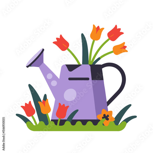 Whimsical Watering Can with Tulips- A Cartoon Illustration of Garden Flowers- Cute Garden Decor with Colorful Floral Arrangement- Ideal for Springtime Designs