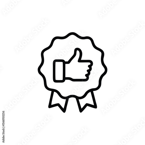 Outline thumbs up symbol inside a badge with ribbons on a thumbsup like