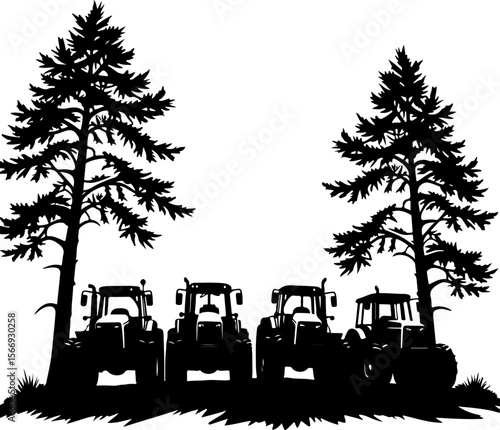 Tractors in a Forest Landscape  trees, agriculture,  vector bundle