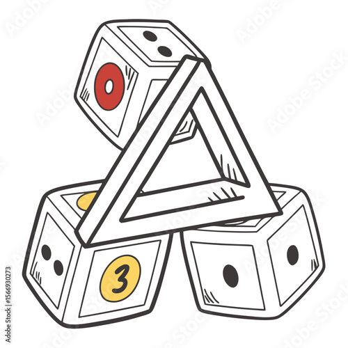 Three Dice with Number Three and Red Dot Supported by Black Triangle vector