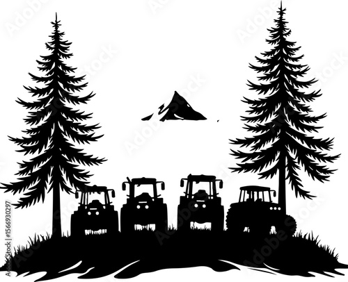 Tractors in a Forest Landscape  trees, agriculture,  vector bundle