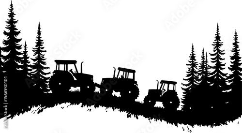 Tractors in a Forest Landscape  trees, agriculture,  vector bundle