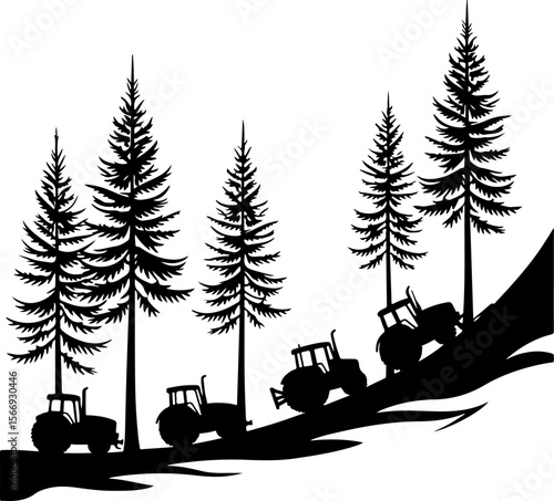 Tractors in a Forest Landscape  trees, agriculture,  vector bundle