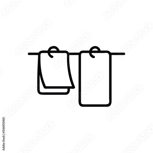 Outline two towels hanging on a horizontal bar against a bath bathroom