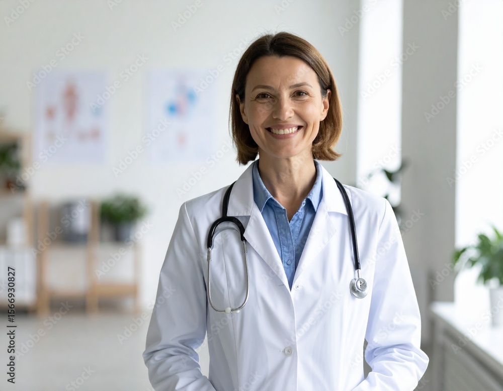 Médico caucásico de 40 años con estetoscopio, sonriendo en consultorio moderno con paredes blancas y gráficos médicos, fotografía realista estilo editorial, luz natural suave, 8K, FEMALE Médico caucásico de 40 años con estetoscopio, sonriendo en consultorio moderno con paredes blancas y gráficos médicos, fotografía realista estilo editorial, luz natural suave, 8K, FEMALE