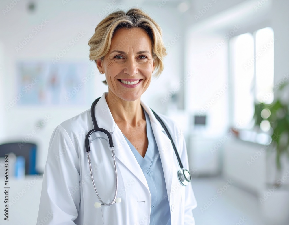 Médico caucásico de 40 años con estetoscopio, sonriendo en consultorio moderno con paredes blancas y gráficos médicos, fotografía realista estilo editorial, luz natural suave, 8K, FEMALE Médico caucásico de 40 años con estetoscopio, sonriendo en consultorio moderno con paredes blancas y gráficos médicos, fotografía realista estilo editorial, luz natural suave, 8K, FEMALE
