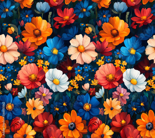 Seamless  Floral Pattern with Vibrant Exotic Flowers and Leaves	