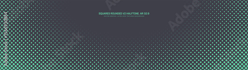 Square rounded dots turquoise halftone pattern semicircle border ultra wide 32:9 aspect ratio vector abstract background. Half tone graphic panoramic ultrawide format futuristic cyberpunk abstraction