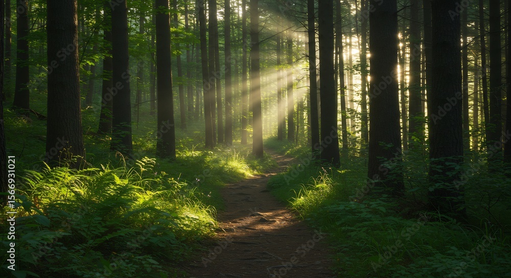 Naklejka premium Sun-Kissed Path: Ethereal Light Through Forest Canopy, Lush Greenery