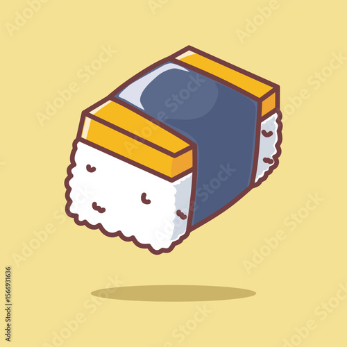 Cute tamago sushi vector illustration with adorable face in cartoon style. Suitable for Japanese food design, kids menu, sticker, mascot, or kawaii-themed project. Simple, clean, and colorful.