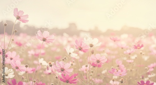 優しい光に包まれたコスモス畑 穏やかなピンクの花びら 美しく揺れる. AI Generated