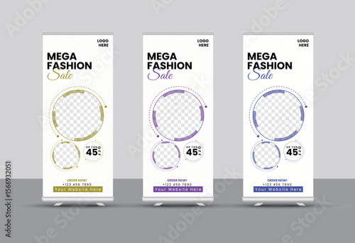 Fashion sale roll up banner template. Creative and modern pull-up standee design for retail promotions, seasonal offers,  X-banner,  and store advertising. Vector layout for print and display.