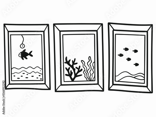 Three simple framed drawings of underwater scenes isolated on white background