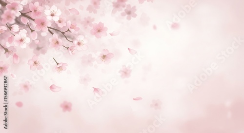 淡いピンクの桜 花びら舞い散る 優雅な春景色 (Awai pinku no sakura hanabira mai chiru yuga na haru keshiki) Translation: Pale pink cherry blossoms, petals scattering, elegant spring scenery.. AI Generated