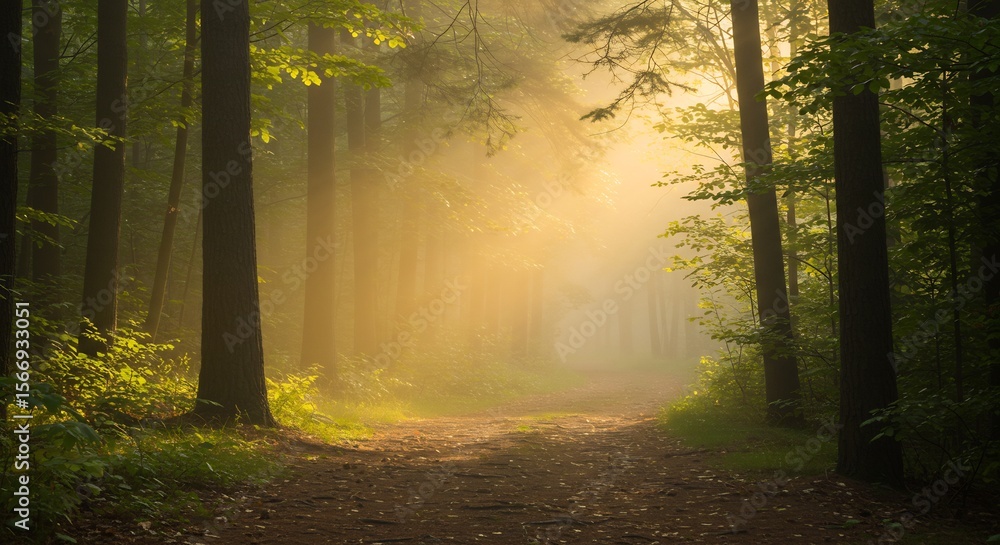 Fototapeta premium Sunlit Forest Path: Serene Morning Light Through Misty Trees