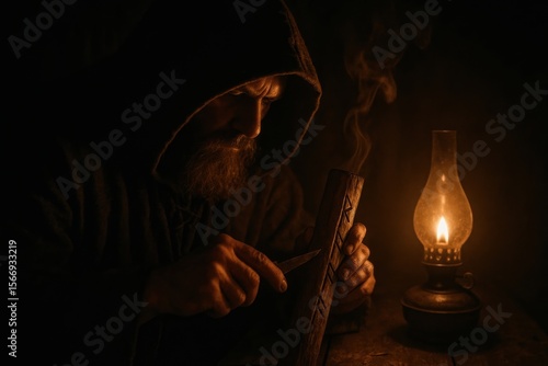 A cloaked figure carves runes into a wooden stick by lantern light, creating a mystical ambiance.