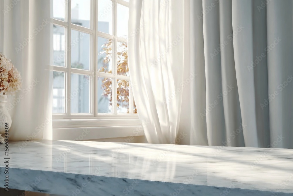 Empty marble desk in front of window light and white curtains. Home interior with table countertop. Product placement display in luxury house. Empty marble desk in front of window light and white curtains. Home interior with table countertop. Product placement display in luxury house.
