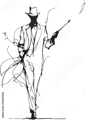 Continuous line drawing of a magician with a wand, minimalist and black-and-white only