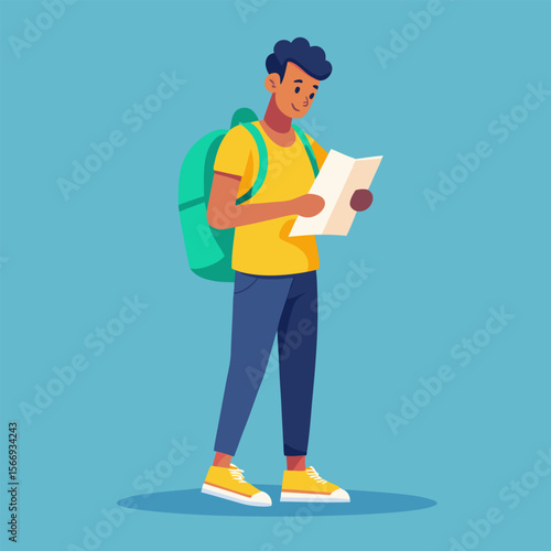 Young Curious Traveler Reading a Map – Vector Illustration