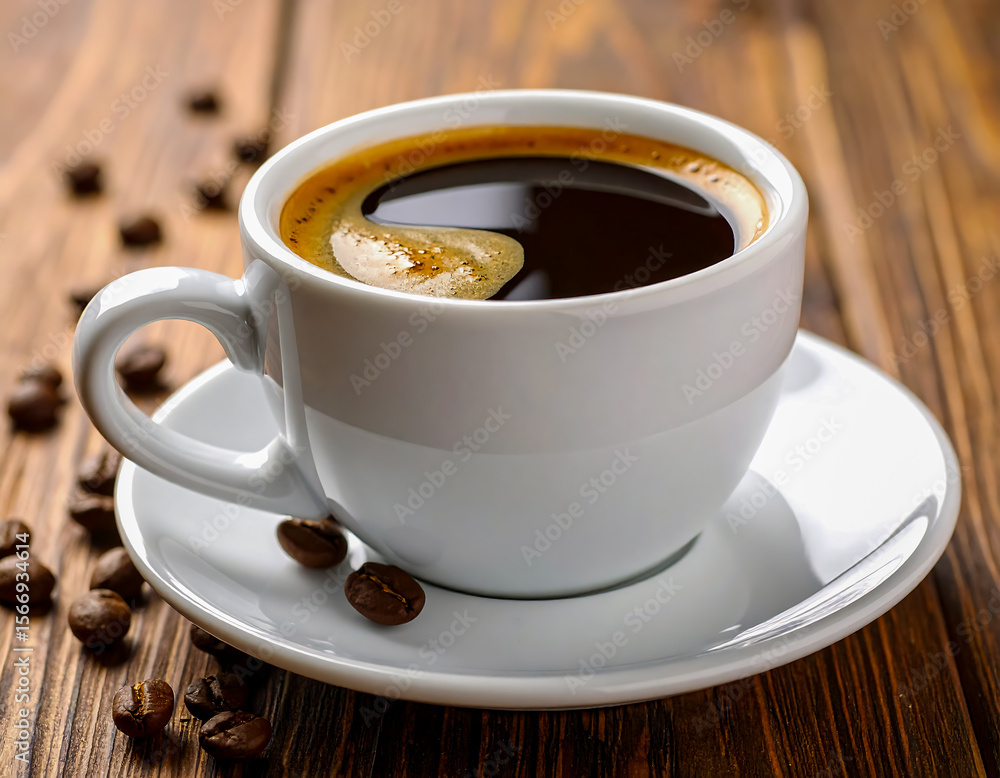 Fototapeta premium Black coffee with foam design on top in ceramic cup
