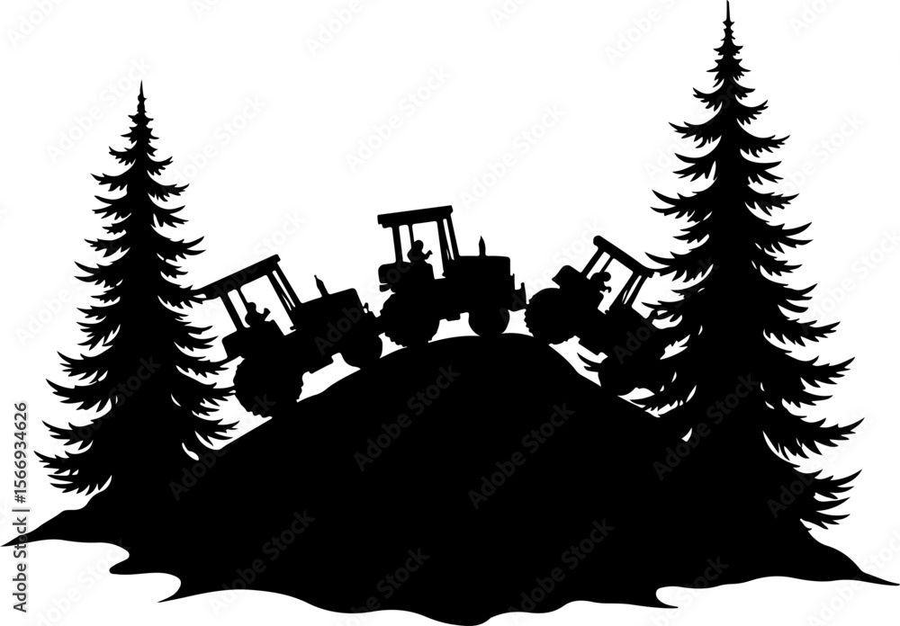 Fototapeta premium Tractors in Mountain Landscape tree , farm, farming, vector bundle