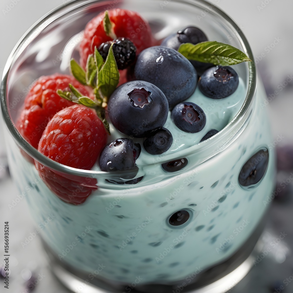 Overhead chia pudding, mixed berries & mint. Delicious, healthy breakfast top view. Overhead chia pudding, mixed berries & mint. Delicious, healthy breakfast top view.