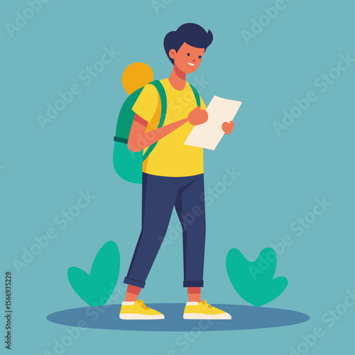 Young Curious Traveler Reading a Map – Vector Illustration