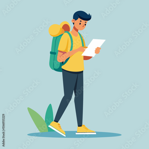 Young Curious Traveler Reading a Map – Vector Illustration