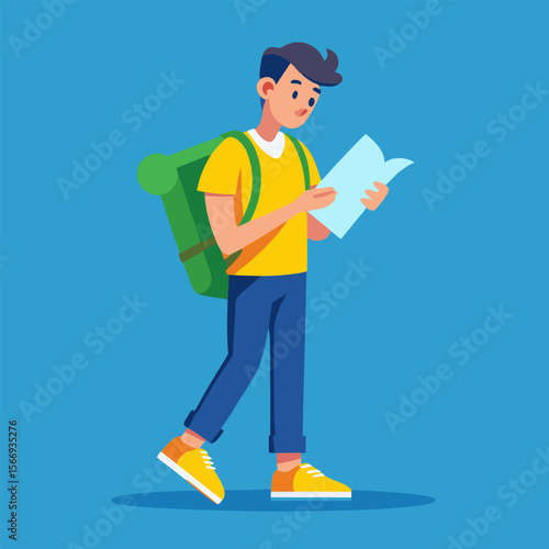 Young Curious Traveler Reading a Map – Vector Illustration