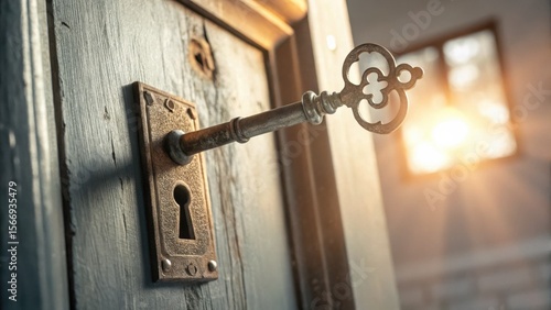 An ornate vintage key is partially inserted into an old wooden door's keyhole, with warm sunlight streaming through a window in the background.