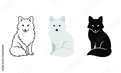 Minimalistic arctic fox designs in black, white, and gray variations