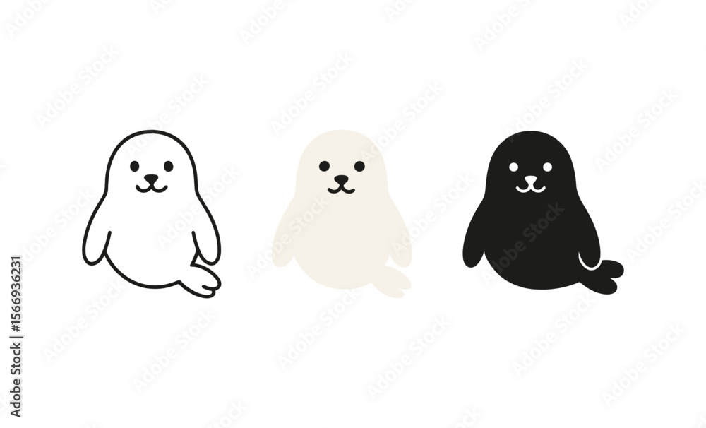 Obraz premium Minimalist seal illustration with black, white, and beige variants on plain background