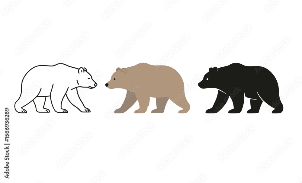 Fototapeta premium Polar grizzly black bear trio illustrating diverse species in minimalist silhouette