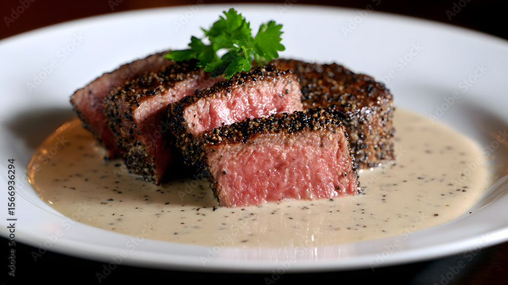 Classic Pan-Seared Filet Mignon in Creamy Pepper Sauce with Fresh Herb Garnish Classic Pan-Seared Filet Mignon in Creamy Pepper Sauce with Fresh Herb Garnish