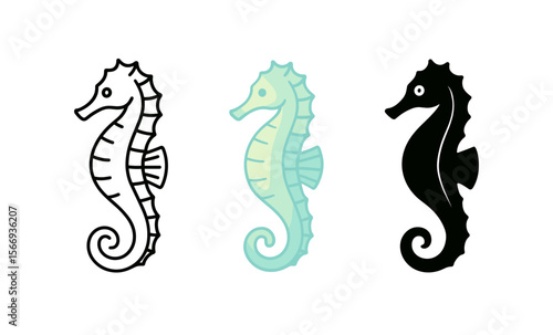 Three stylish seahorse silhouettes: line art, pastel, and black design