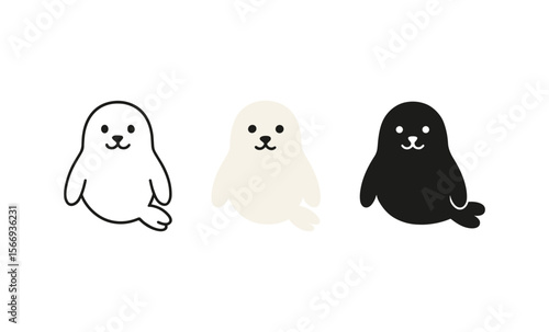 Minimalist seal illustration with black, white, and beige variants on plain background