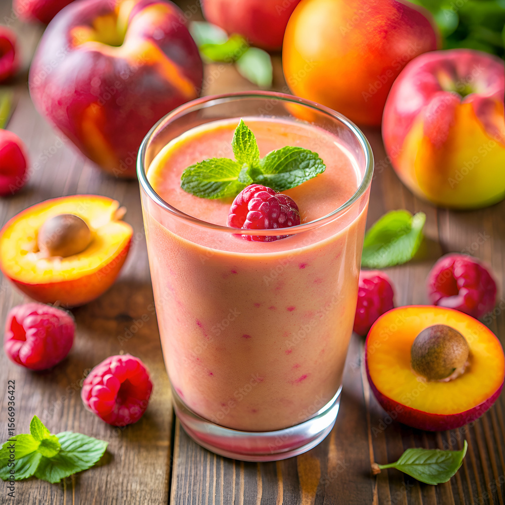 Peach and raspberry smoothie in glass on wooden table. Fresh. vibrant smoothie with garnishment of mint and raspberries. Healthy meal replacement beverage for home kitchen. Peach and raspberry smoothie in glass on wooden table. Fresh. vibrant smoothie with garnishment of mint and raspberries. Healthy meal replacement beverage for home kitchen.