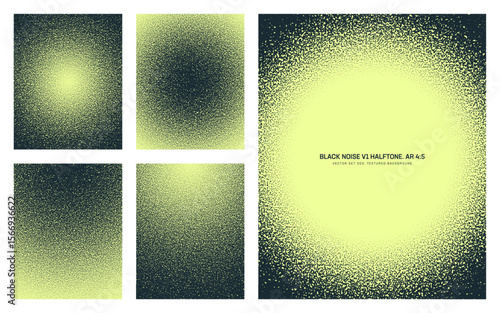 Assorted vector black noise halftone pattern set on yellow backdrop in vertical 4:5 aspect ratio including round frame and various radial textures. Different half tone grainy textured design elements