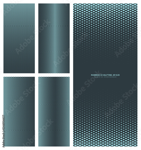 Assorted vector rhombus grid blue black halftone pattern set in vertical 9:20 aspect ratio including faded frame and various textures. Varied half tone graphics mod technology concept design elements